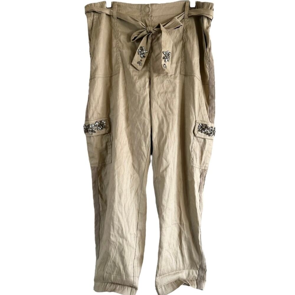 Chico's Linen Crop Cargo Pants Embellished Belted Rhinestone Cream 2.5 L